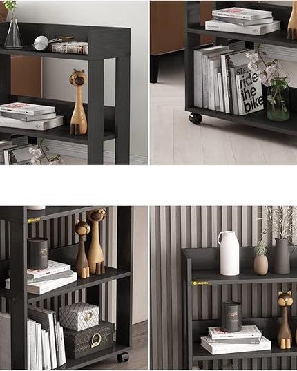 Small Bookshelf and Bookcase, 3 Tier Wood Nightstand with Wheels, Modern Bedside End Table with Storage Rack for Bedroom, Library, Living Room, Home, Office Cart, Black - LeafyLoom