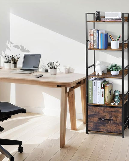 5 Tier Bookshelf with Storage, Bookcase with Drawers, Storage Shelves for Living Room / Home Office, Wood Shelves & Metal Shelf Organizer, Book Shelf for Bedroom, Tall & Ladder Bookshelf, Brown - LeafyLoom