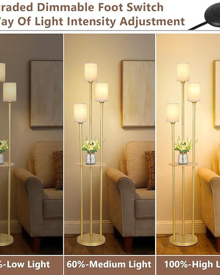 Dimmable Boho Floor Lamps for Living Room, 3-Lights Modern Floor Lamp with 3-Way Foot Switch, Gold Floor Lamp with Shelves, Shelf Standing Lamp with Fabric Shade, Tall Floor Lamps for Bedroom, Office - LeafyLoom