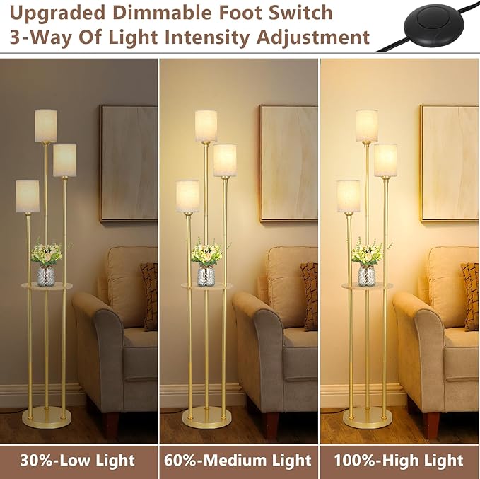 Dimmable Boho Floor Lamps for Living Room, 3-Lights Modern Floor Lamp with 3-Way Foot Switch, Gold Floor Lamp with Shelves, Shelf Standing Lamp with Fabric Shade, Tall Floor Lamps for Bedroom, Office - LeafyLoom
