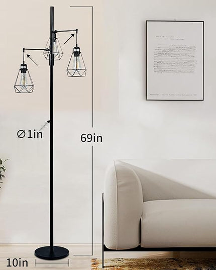 Dimmable Floor Lamp,Industrial Tree Floor Lamp with 3 Birdcage Hanging Cage Heads Up-Down Adjustment Branch Strong Base 69‘‘Tall Vintage Pole Light Great for Farmhouse Rustic Bedroom Office - LeafyLoom