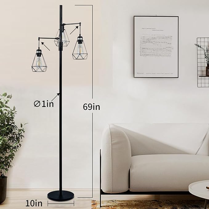 Dimmable Floor Lamp,Industrial Tree Floor Lamp with 3 Birdcage Hanging Cage Heads Up-Down Adjustment Branch Strong Base 69‘‘Tall Vintage Pole Light Great for Farmhouse Rustic Bedroom Office - LeafyLoom