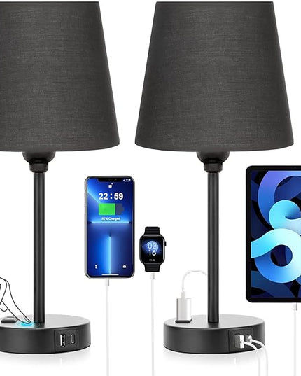 Black Bedroom Lamp Set with USB Charging - Dimmable Touch Control, AC Outlet - LeafyLoom