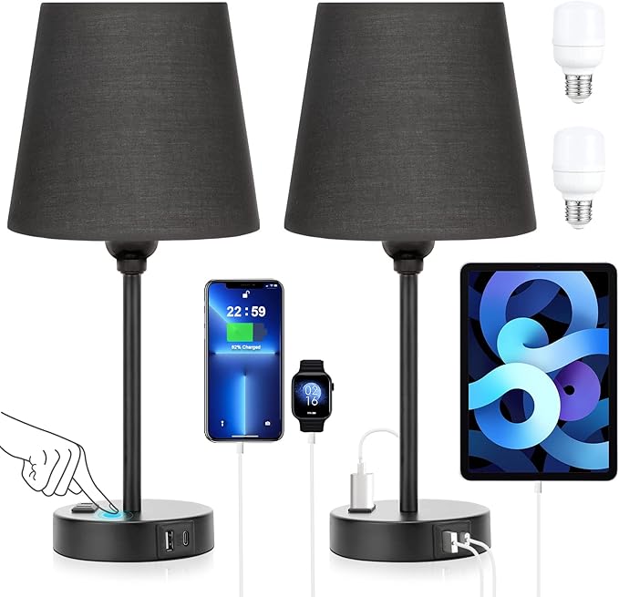 Black Bedroom Lamp Set with USB Charging - Dimmable Touch Control, AC Outlet - LeafyLoom