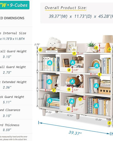 Wooden Cube Bookcase with Legs - 3-Tier Open Shelf Kidsroom Sorted Storage Cabinet Organizer for Books and Toys, 9-Cube Lattice Cute Cubby Bookshelf in Pearl White, 39" W - LeafyLoom