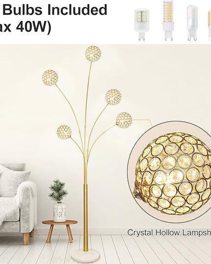 DLLT Floor Lamps for Living Room, 5-Light Gold Arc Standing Lamp, 86.6" Modern Tall Tree Floor Lamp with Adjustable Arms, Multi-Head LED Floor Lamps for Bedroom, Study, Office, G9 Bulbs Included - LeafyLoom