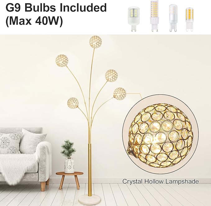 DLLT Floor Lamps for Living Room, 5-Light Gold Arc Standing Lamp, 86.6" Modern Tall Tree Floor Lamp with Adjustable Arms, Multi-Head LED Floor Lamps for Bedroom, Study, Office, G9 Bulbs Included - LeafyLoom