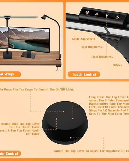 LED Desk Lamp, Office Architectural Desk Lamp, 31.5'' Large Size Office Lighting, 24W 5-Colour LED Computer Monitor Gooseneck Smart Lamp with Holder for Studying, Creating and Reading - LeafyLoom