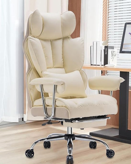 Desk Office Chair 400LBS, Big and Tall Office Chair, PU Leather Computer Chair, Executive Office Chair with Leg Rest and Lumbar Support, Beige Office Chair - LeafyLoom