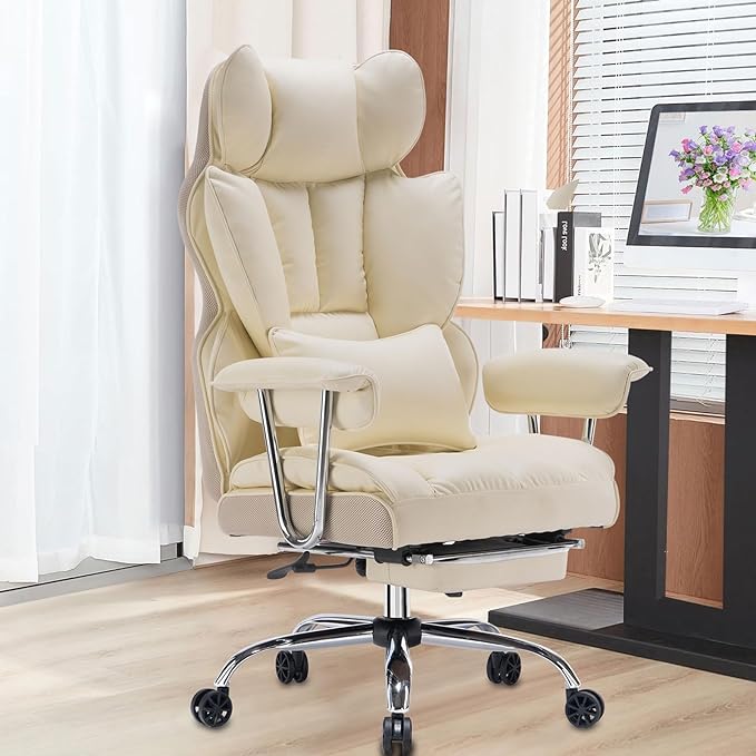 Desk Office Chair 400LBS, Big and Tall Office Chair, PU Leather Computer Chair, Executive Office Chair with Leg Rest and Lumbar Support, Beige Office Chair - LeafyLoom