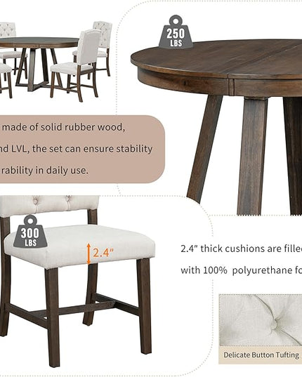 NicBex Small Dining Table Set for 4 Breakfast Nook Table Set 5-Piece Retro Functional Dining Set, Round Table with a 16" W Leaf and 4 Upholstered Chairs for Dining Room, Walnut - LeafyLoom