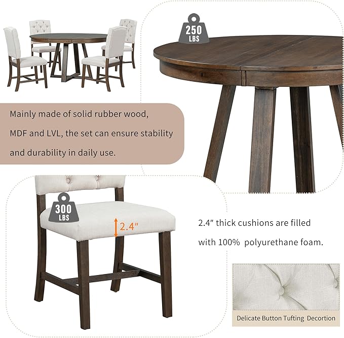 NicBex Small Dining Table Set for 4 Breakfast Nook Table Set 5-Piece Retro Functional Dining Set, Round Table with a 16" W Leaf and 4 Upholstered Chairs for Dining Room, Walnut - LeafyLoom