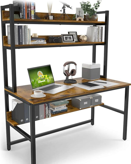 Aquzee Computer Desk with Hutch & Shelves, 47in Wide Desk with Bookshelf, 47“W x 23.6“D x 65“H Tall Home Office Desk, Metal Legs Study Table with Upper Storage Shelf for Study Writing/Workstation - LeafyLoom