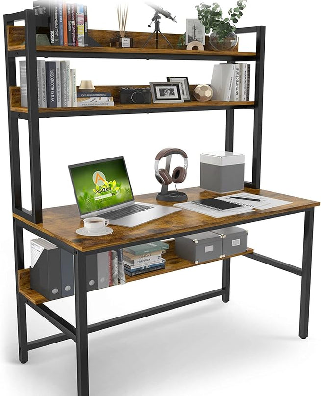 Aquzee Computer Desk with Hutch & Shelves, 47in Wide Desk with Bookshelf, 47“W x 23.6“D x 65“H Tall Home Office Desk, Metal Legs Study Table with Upper Storage Shelf for Study Writing/Workstation - LeafyLoom