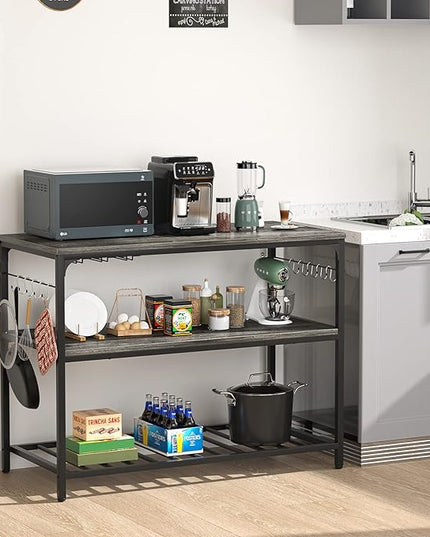 Homieasy Kitchen Island with Wine Glass Holder, Industrial Wood and Metal Coffee Bar Wine Rack Table, 3 Tier Spacious Prep Table Extended Counter with Hooks Easy to Assemble, Black Oak - LeafyLoom