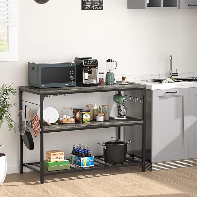 Homieasy Kitchen Island with Wine Glass Holder, Industrial Wood and Metal Coffee Bar Wine Rack Table, 3 Tier Spacious Prep Table Extended Counter with Hooks Easy to Assemble, Black Oak - LeafyLoom
