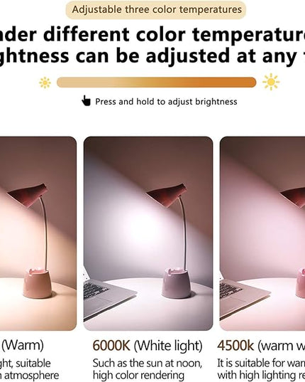 Small Desk Lamp, Kids Desk Lamp with Pen Holder & Mobile Phone Stand, 3 Lighting Modes for Reading Kids Dorm& Mobile Phone Stand for Reading Dorm Home Office(Pink) - LeafyLoom