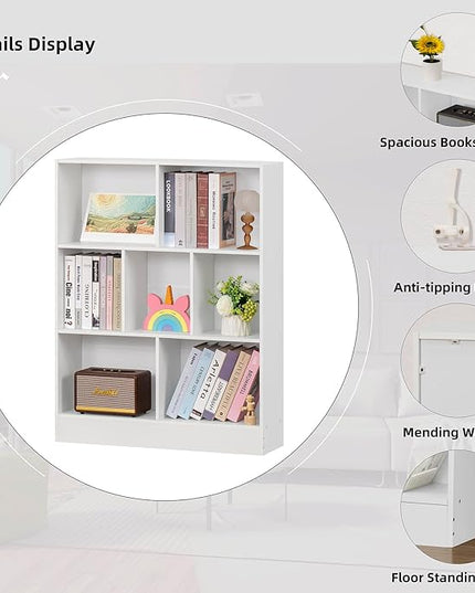 YAHARBO White 7 Cube Bookshelf,3 Tier Modern Horizontal Bookcase,Wooden Low Book Shelf Display Storage Cabinet with Base,Floor Standing Short Bookshelves Open Organizer for Bedroom,Living Room,Office - LeafyLoom