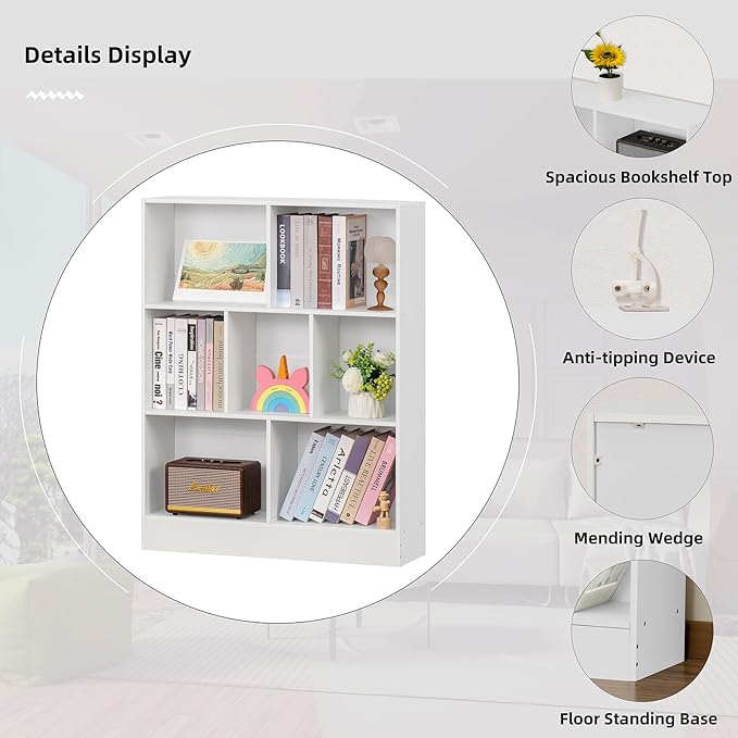 YAHARBO White 7 Cube Bookshelf,3 Tier Modern Horizontal Bookcase,Wooden Low Book Shelf Display Storage Cabinet with Base,Floor Standing Short Bookshelves Open Organizer for Bedroom,Living Room,Office - LeafyLoom