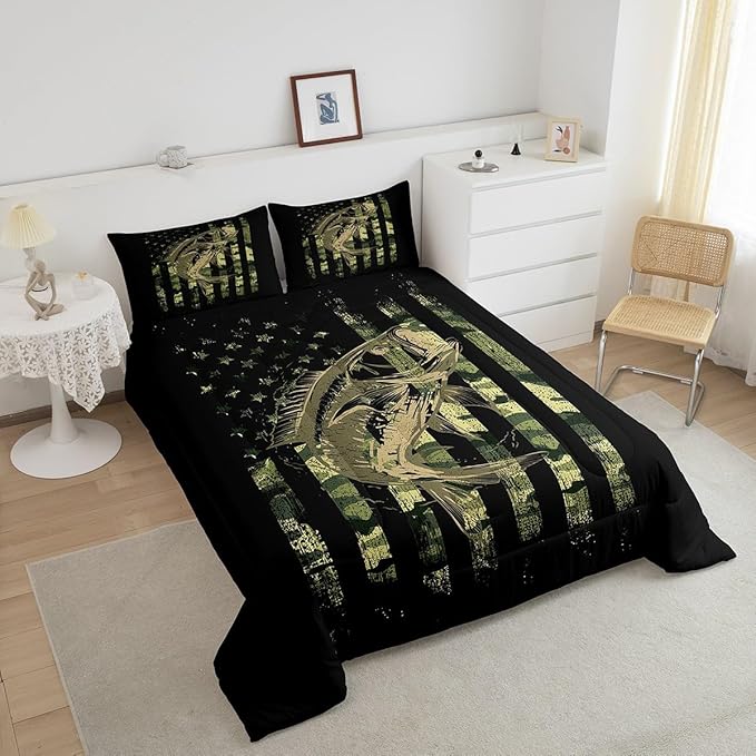 Bass Fish Comforter Set Full Size Fisherman Camouflage Bedding Set Pike Fish Camo American Flag Comforter for Women Men Fsihing Lover Room Farmhouse Fishing Bed Set Wild Quilted Set 3Pcs - LeafyLoom