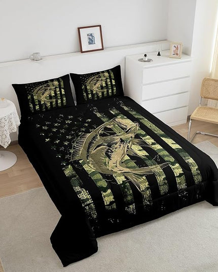 Green Black Camouflage Comforter Set Fish Camo American Flag Bedding Set for Women Men Room Farmhouse Fishing Decor Comforter Wild Quilted Set 3Pcs Queen Size - LeafyLoom