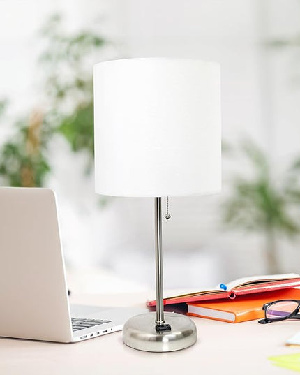 Simple Designs LT1144-WHT Sleek and Slender Brushed Steel Table Lamp with Charging Outlet, for Bedroom, Living Room, Entryway, Office, Dining Room, Study, White Shade - LeafyLoom