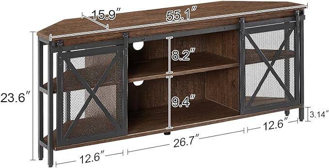 HOMISSUE Corner TV Stand, Corner TV Stand for 55 60 Inch TV, Industrial & Farmhouse Corner Entertainment Center w/Sliding Barn Door, Corner TV Cabinet for Living Room, Brown - LeafyLoom