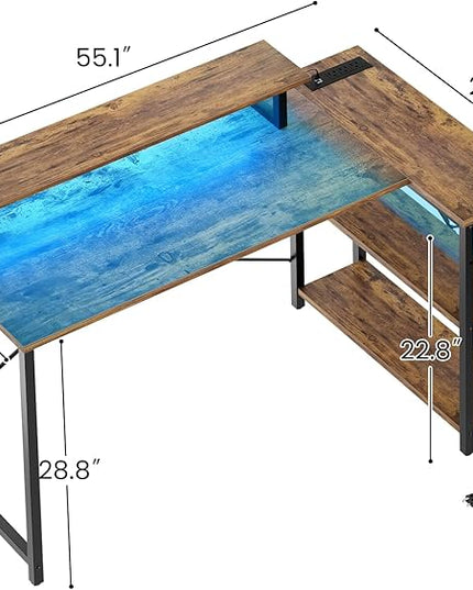 Homieasy L Shaped Gaming Desk with Power Outlet & LED Light, 55 Inch Computer Desk with Storage Shelves, Reversible Corner Desk with Monitor Stand Headset Hooks for Home Office, Rustic Brown - LeafyLoom