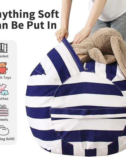 2 PCS Stuffed Animal Storage Bean Bag Chair Cover, Cotton Canvas Beanbag with Zipper for Organizing Kid's and Adults Room Vertical Stripe Blue 24" - LeafyLoom