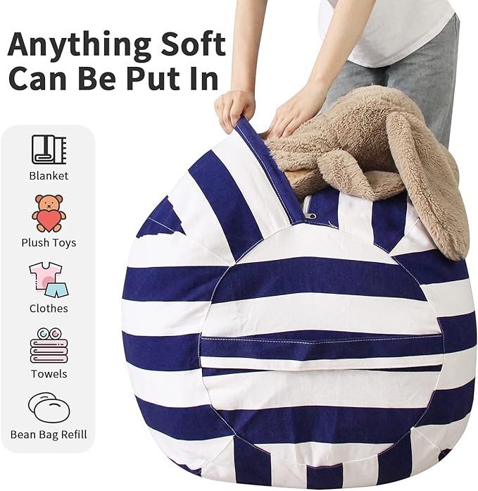 2 PCS Stuffed Animal Storage Bean Bag Chair Cover, Cotton Canvas Beanbag with Zipper for Organizing Kid's and Adults Room Vertical Stripe Blue 24" - LeafyLoom