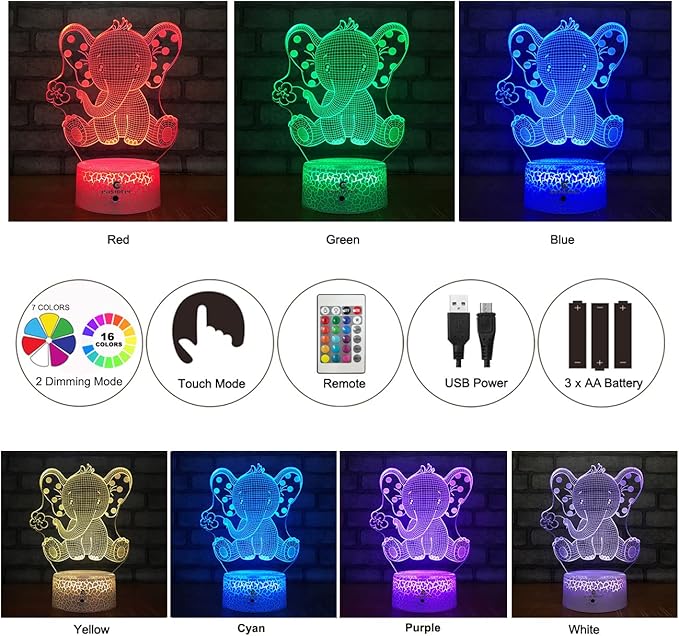 easuntec Elephant Gifts Elephant Lamp with Remote & Smart Touch 7 Colors + 16 Colors Changing Elephant Gifts for Women 4 5 6 7 8 Year Old Girl Gifts (Epht16WT) - LeafyLoom