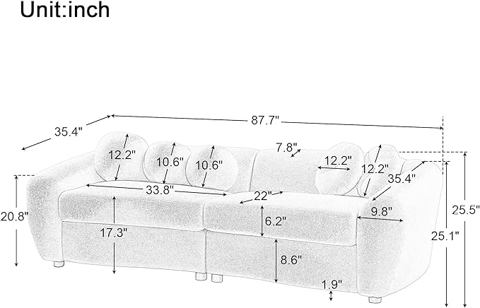 Seater Sofa&Couch Modern Cloud Curved Sofa Comfy Boucle Couch, Luxury 3 Teddy Fabric Upholstered Leisure Deap Seat Sectional Sofá with 5 Decorative Throw Pillows for Living Room, 87.7", Grey-338 - LeafyLoom
