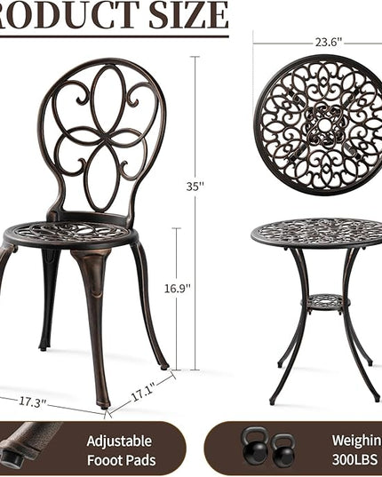 3 Piece Outdoor Bistro Set, Cast Aluminum Bistro Table and Chairs Set, Weather Resistant Patio Metal Bistro Sets, Patio Table Set with Umbrella Hole for Balcony Backyard Garden - LeafyLoom