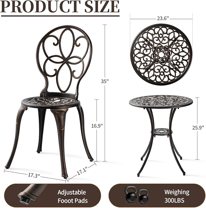 3 Piece Outdoor Bistro Set, Cast Aluminum Bistro Table and Chairs Set, Weather Resistant Patio Metal Bistro Sets, Patio Table Set with Umbrella Hole for Balcony Backyard Garden - LeafyLoom