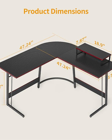 BANTI L Shaped Gaming Computer Office Desk, 47" Corner Desk with Monitor Stand for Home Office Study Writing Workstation, Black - LeafyLoom