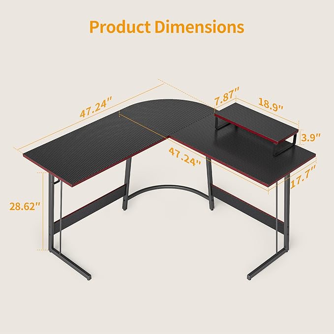 BANTI L Shaped Gaming Computer Office Desk, 47" Corner Desk with Monitor Stand for Home Office Study Writing Workstation, Black - LeafyLoom
