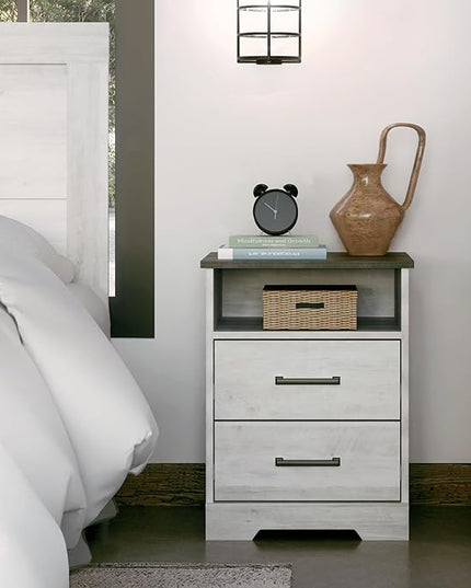 Prepac Rustic Ridge Farmhouse Nightstand with 2 Drawers and an Open Cubby, Wooden Bedside Table for Bedroom, Office, or Living Room, 16.25in x 18.75in x 24.5in, Washed White - LeafyLoom