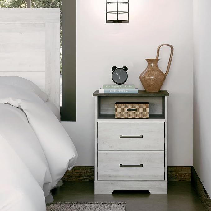 Prepac Rustic Ridge Farmhouse Nightstand with 2 Drawers and an Open Cubby, Wooden Bedside Table for Bedroom, Office, or Living Room, 16.25in x 18.75in x 24.5in, Washed White - LeafyLoom