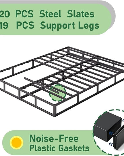 King Bed Frame, 9 Inch High Metal Box Spring with More Steel Slats Support, Sturdy Platform Bedframe Low to Floor, 3500 Lbs Weight Capacity Heavy Duty Mattress Base, Easy Assembly, Black - LeafyLoom