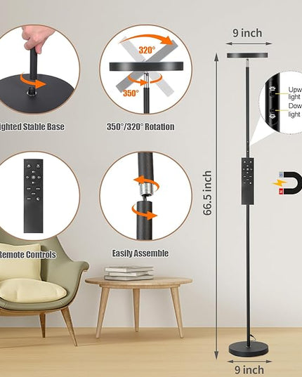 Floor Lamp, 36W/3000LM Super Bright LED Modern Tall Standing Lamp, 3 Color Temperatures Torchiere Sky Lamps, Dimmable Reading Light, Remote & Touch Control for Living Room, Bedroom, Office - LeafyLoom