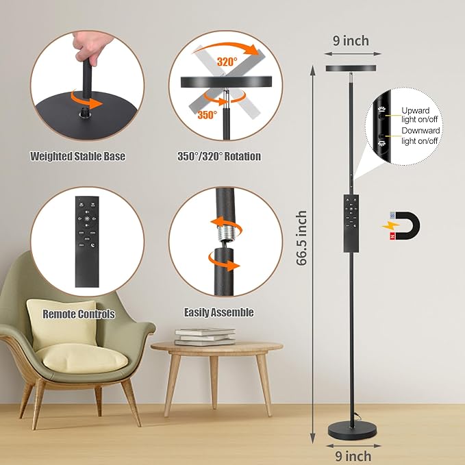Floor Lamp, 36W/3000LM Super Bright LED Modern Tall Standing Lamp, 3 Color Temperatures Torchiere Sky Lamps, Dimmable Reading Light, Remote & Touch Control for Living Room, Bedroom, Office - LeafyLoom
