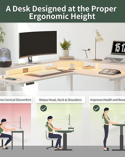 FEZIBO 63" Triple Motor L Shaped Standing Desk with LED Strip & Power Outlets, Height Adjustable Stand up Corner Gaming Desk with Ergonomic Monitor Stand, White Top/White Frame - LeafyLoom