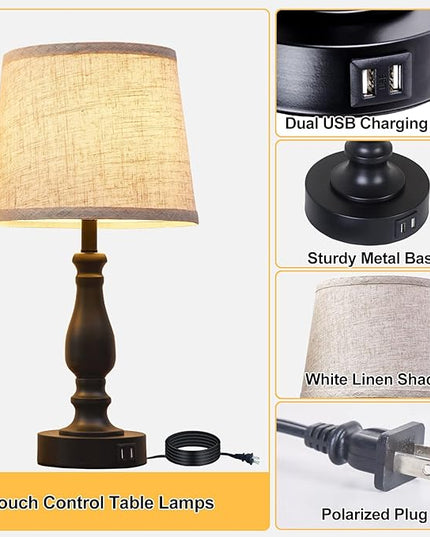 Table Lamps Set of 2, Bedside Nightstand Lamps with USB Charging Ports, 3 Way Dimmable Touch with Linen Fabric Lampshade, Modern Small Lamp for Bedrooms, Living Room (Bulbs Included) - LeafyLoom