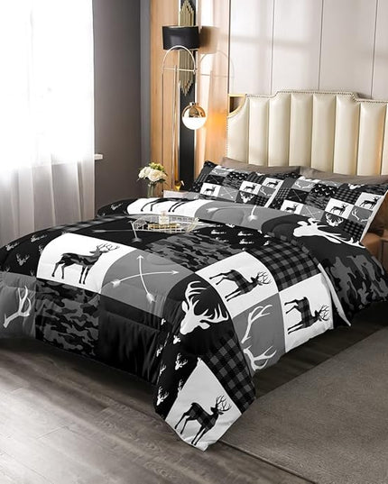 Deer Antler Silhouette Kids Comforter Set Full Size,Geometric Plaids Arrows Boho Bedding Set,Wild Animals Hunting Rustic Adventure Comforter,Camo Black Grey Quilt Set for Boys Girls Room Decor - LeafyLoom