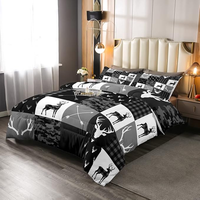 Deer Antler Silhouette Kids Comforter Set Full Size,Geometric Plaids Arrows Boho Bedding Set,Wild Animals Hunting Rustic Adventure Comforter,Camo Black Grey Quilt Set for Boys Girls Room Decor - LeafyLoom