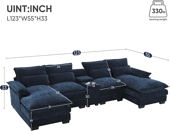 U Shaped Symmetrical Modular Sectional Sofa Cloud Couch with Double Chaise Lounge and Center Console,Cupholders and USB Ports, Deep Seat Upholstered Sleeper Corner Sofa&Couches for Living Room - LeafyLoom