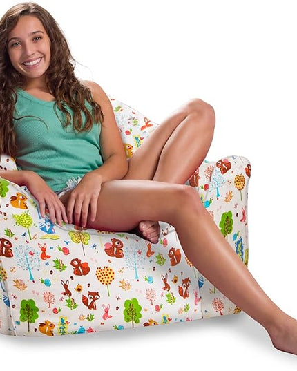 Posh Creations Structured Comfy Bean Bag Chair for Gaming, Reading, and Watching TV, Malibu Lounge, Canvas - Forest Critters on White - LeafyLoom