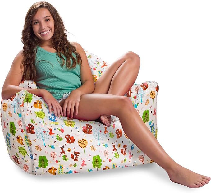 Posh Creations Structured Comfy Bean Bag Chair for Gaming, Reading, and Watching TV, Malibu Lounge, Canvas - Forest Critters on White - LeafyLoom