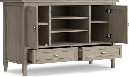SIMPLIHOME Warm Shaker SOLID WOOD Universal TV Media Stand, 47 inch Wide, Transitional, Living Room Entertainment Center, Storage Cabinet, for Flat Screen TVs up to 55 inches in Distressed Grey - LeafyLoom