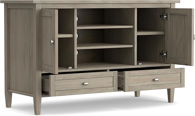 SIMPLIHOME Warm Shaker SOLID WOOD Universal TV Media Stand, 47 inch Wide, Transitional, Living Room Entertainment Center, Storage Cabinet, for Flat Screen TVs up to 55 inches in Distressed Grey - LeafyLoom